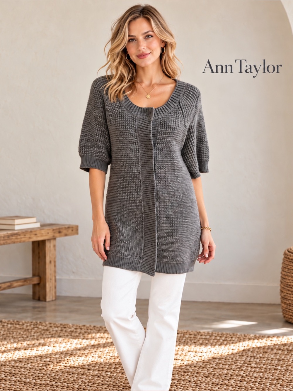 🌸Ann Taylor Charcoal Gray Ribbed Scoop-Neck Knit Chunky Cardigan Sweater size M
